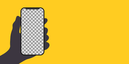 Mockup phone for advertising. Phones with transparent screen in hand on yellow background. Vector illustrationのイラスト素材