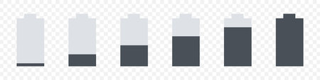 Battery charge indicator icons. Battery energy level from low to high. Charger phases illustrations. Vector illustrationのイラスト素材
