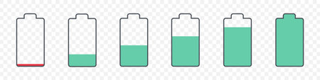 Battery charge indicator icons. Trendy style. Battery energy level from low to high. Charger phases illustrations. Vector illustrationのイラスト素材