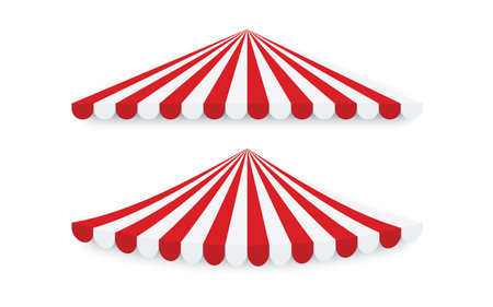 Red striped awnings for shop. Tent sun shade for market on white background. Trend design. Vector illustrationのイラスト素材