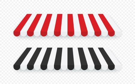 Striped awnings for shop. Tent sun shade for market on transparent background. Vector illustrationのイラスト素材
