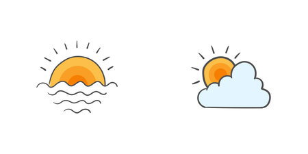 Sunset doodle. Cloud with sun. Drawn sun and cloud on white background. Trendy style. Vector illustrationのイラスト素材