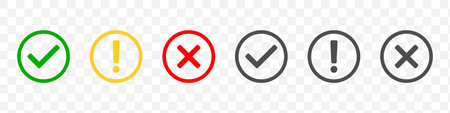 Check mark icons. Modern label icons check mark on transparent background. Tick sign, exclamation mark and cross icons. Yes and No symbols. Trendy style. Vector illustrationのイラスト素材