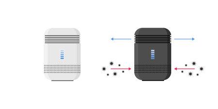 Air Purifier Machine. Air purifier device to filter pm 2.5 and virus including COVID. Medical Anti Virus equipment. Vector illustrationのイラスト素材