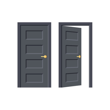 Black door. Entrance or exit. Doorway concept. Open and close door isolated on white background. Building and room entrance element mockup. Vector illustrationのイラスト素材