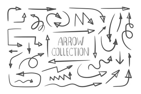 Arrows. Collection of hand drawn arrows. Handmade sketch. Arrows icons set. Hand drawn pointers. Vector illustrationのイラスト素材