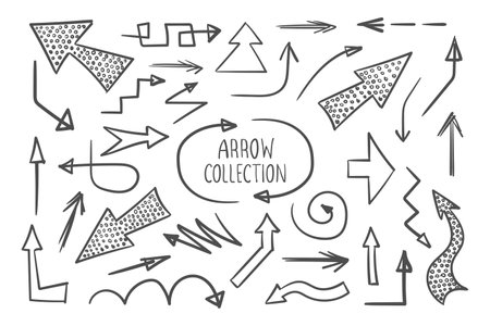 Doodle vector arrows. Collection of hand drawn arrows. Arrows icons set. Vector illustrationのイラスト素材