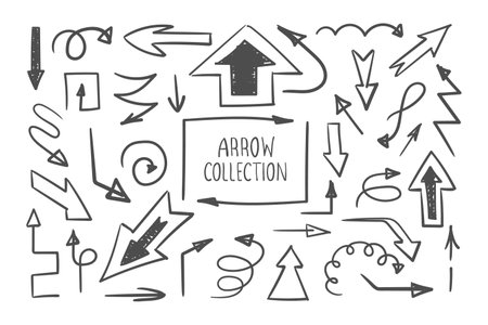 Doodle vector arrows. Collection of hand drawn arrows. Arrows icons set. Hand drawn pointers. Vector illustrationのイラスト素材
