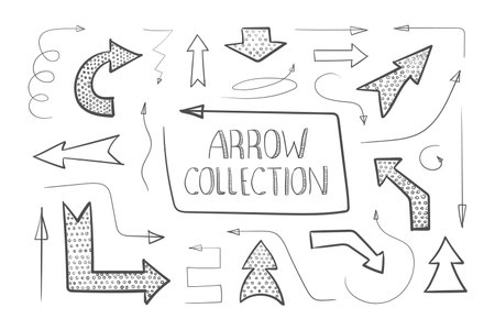 Arrows icons doodle. Collection of hand drawn arrows. Arrows icons set. Hand drawn pointers, art brushes. Vector illustrationのイラスト素材