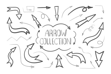 Arrows icons doodle. Collection of hand drawn arrows. Handmade sketch. Arrows icons set. Hand drawn pointers. Vector illustrationのイラスト素材