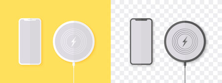 Wireless charger. Round wireless charger with phone. Trendy design. Vector illustrationのイラスト素材