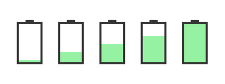 Battery charge indicator icons. Battery vector icon set with charge level indicators. Vector illustrationのイラスト素材