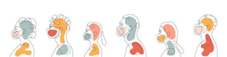 People with masks. Group of people wearing medical masks. Silhouette profile group. Vector illustration Group of people drawing. Women and men waiting in queue. Vector illustrationのイラスト素材