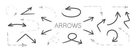 Arrows icons. Hand drawn arrows. Set of vector curved arrows. Sketch doodle style. Vector illustrationのイラスト素材