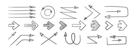 Arrows. Grunge arrows. Hand drawn arrows. Set of vector curved arrows. Sketch doodle style. Vector illustrationのイラスト素材