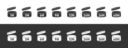 PAO icons concept. Period after opening. Expiration period in months signs for cosmetic packaging. Life months of open cosmetic. Vector illustrationのイラスト素材