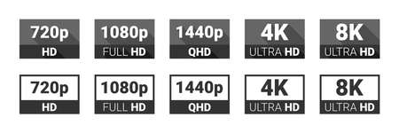 Video quality symbol. HD, Full HD, 2K, 4K, 8K resolution icons. High definition display resolution icon standard. Vector Illustrationのイラスト素材