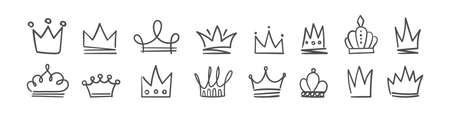 Crown icons. Doodle crown set, hand drawn icons. Vector illustrationのイラスト素材