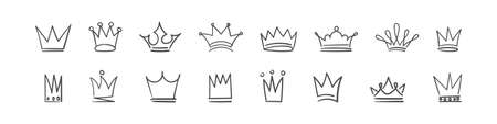 Crown icons set. Sketch crown. Doodle crown set, hand drawn icons. Vector illustrationのイラスト素材