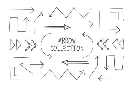 Collection of sketchy arrows. Set of black grunge hand drawn arrows isolated on white. Vector illustrationのイラスト素材