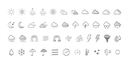 Weather and meteorology icons. Drawn weathers icons. Weather icons sun and clouds in sky, rain with snow, thunder and lightning. Vector illustrationのイラスト素材