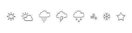 Set of drawn Weather icons. Weathers icons. Weather vector icons. Weather icons sun and clouds in sky, rain with snow, thunder and lightning .. Vector illustrationのイラスト素材