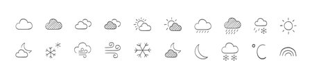 Weather icons. Drawn weathers icons. Weather vector icons. Weather forecast sign symbols. Weathers signs. Vector illustrationのイラスト素材