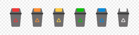 Recycle bins. Rubbish bins. Garbage containers for trash sorted by plastic, organic, e-waste, metal, glass, paper. Vector illustrationのイラスト素材