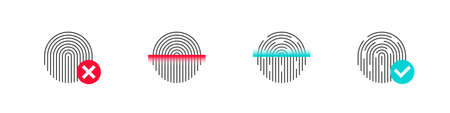 Fingerprint scan. Set of fingerprint types with twisted lines signs. Fingerprint scanning icons with check mark. Vector illustrationのイラスト素材