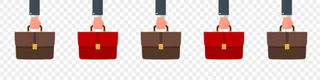 Suitcase in hand. Briefcase icons collection. Briefcases flat style. Portfolio icons. Vector illustrationのイラスト素材
