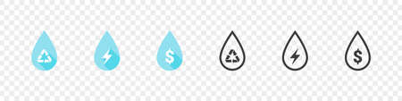 Water drops. Water or oil drop signs. Water drop shape with dollar, energy, recycle signs. Vector illustrationのイラスト素材