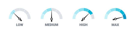 Risk meter. Satisfaction meter. Speedometer scale. Set of gauges from low to high. Vector illustrationのイラスト素材
