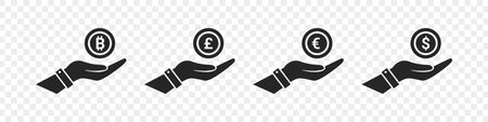 Currency icons. World money symbols. Finansial vector icons. Coin on hands. Vector illustrationのイラスト素材