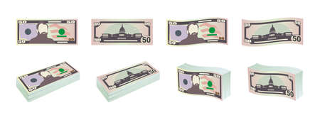 Money. Fifty dollar bills. Dollars banknotes from front and reverse side. Dollar's banknotes set. Vector illustrationのイラスト素材