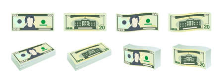 Dollars icons. Twenty dollar bills. Dollars banknotes from front and reverse side. Dollar's banknotes set. Vector illustrationのイラスト素材