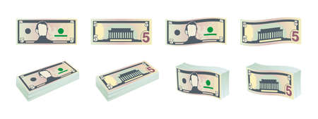 Money icons. Five dollar bills. Dollars banknotes from front and reverse side. Dollar's banknotes set. Vector illustrationのイラスト素材