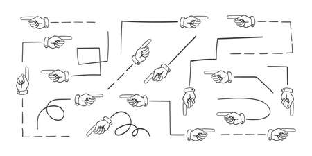 Arrows icons. Hand drawn arrow vector set. Index finger instead of an arrow. Vector illustrationのイラスト素材