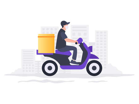 Online delivery. Food delivery. Delivery home and office. Moped courier. Vector illustrationのイラスト素材