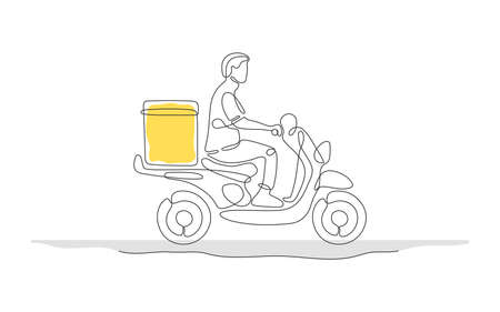 Online delivery service. Delivery home and office. One line art. Delivery man on moped. Vector illustrationのイラスト素材