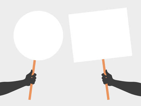 Banner design, hands hold placards. Hands with placards. Placard protest or advertising. Human hands hold a blank. Vector illustrationのイラスト素材