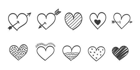Doodle hearts. Love symbol. Set of hand drawn hearts on a white background. Vector illustrationのイラスト素材