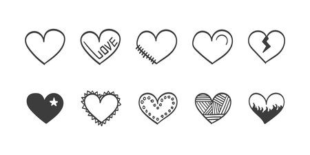 Set of hearts icons. Hearts doodles set. Hand drawn hearts collection. Vector illustrationのイラスト素材