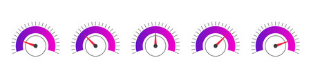 Indicator icons. Scale low, medium or high gauge or meter indicator. Performance measurement. Vector illustrationのイラスト素材