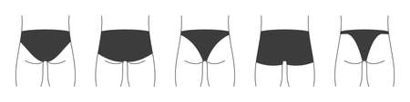 Different types of men's underpants or swimming trunks. Collection of lingerie back view. Vector illustrationのイラスト素材