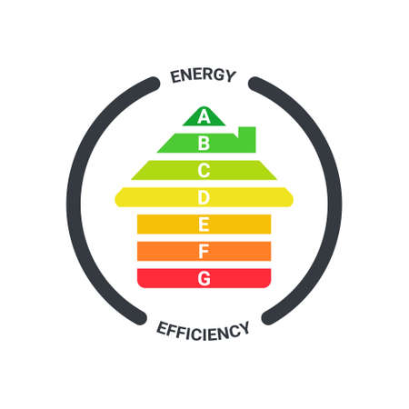 Energy efficiency. Energy efficient house. Green house symbol with energy rating. Vector illustrationのイラスト素材