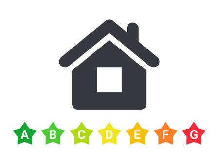 Energy efficiency rating icons. Energy efficient house. Green house symbol with energy rating. Vector illustrationのイラスト素材