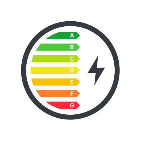 Energy efficiency logo. Energy efficiency rating classification graph. Energy efficiency technologies. Vector illustrationのイラスト素材
