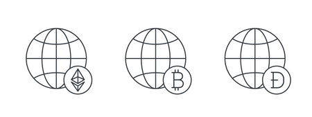 Cryptocurrencies signs. Globes with Cryptocurrencies icons. Digital cryptographic currency icons. Vector illustrationのイラスト素材