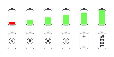 Battery charging icons. Phone charging indicator. The battery is charging. Battery charging status. Vector illustrationのイラスト素材