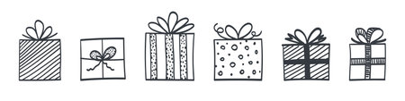 Hand drawn gift boxes icons. Gift boxes in the drawn style with different textures. Vector illustrationのイラスト素材